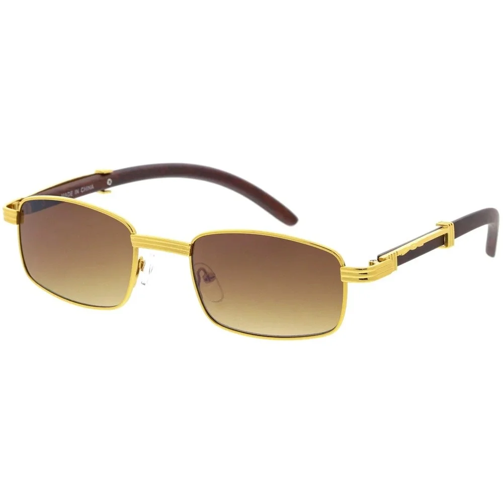 Gold Rectangle Sunglasses Brown Gradient Lens Wood Grain Temples UV400 Women New